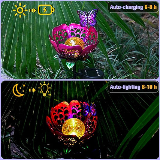 Solar Path Light, 2 Pack Crackle Glass Globe LED Lights, Metal Butterfly Decorations Lights, Hollow Petal Tulip Stake Light for Patio Yard Walkway Ground Lawn Ornaments Gifts (Purple Flower - 2pcs)