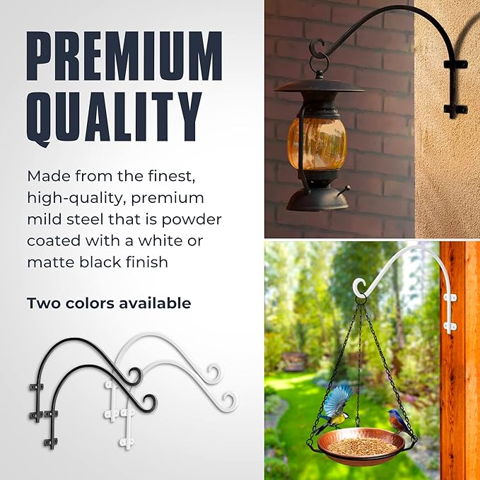 Monarch Abode Hanging Basket Hooks, Heavy Duty Metal Plant Hangers Outdoor or Indoor for Flower Basket, Wall Fence Hooks for Bird Feeder Bracket, Set of 2, 14-inch White Plant Wall Hanger