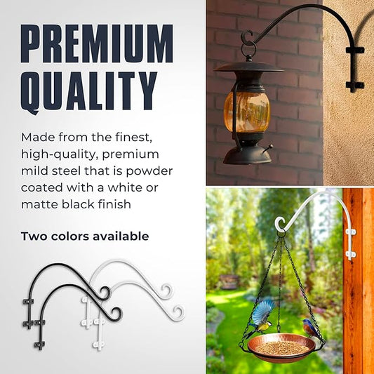 Monarch Abode Hanging Basket Hooks, Heavy Duty Metal Plant Hangers Outdoor or Indoor for Flower Basket, Wall Fence Hooks for Bird Feeder Bracket, Set of 2, 14-inch White Plant Wall Hanger