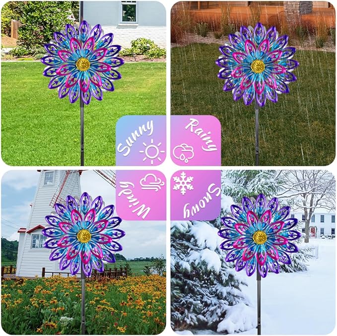 360°Metal Wind Spinner Outdoor,4 Layers Kinetic Wind Sculptures & Spinners with 5-Prond Metal Stake for Yard Patio Lawn Garden Decor