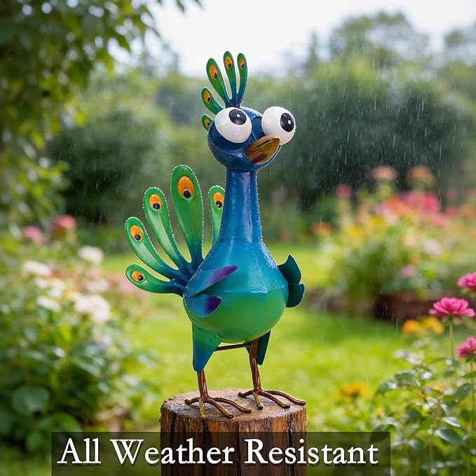Ratuor Metal Peacock Statue Garden Decor Cartoon Peacock with Bobbling Eyes Yard Art Lawn Patio Decoration Outdoor Sculpture for Housewarming Birthday Wedding
