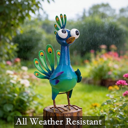 Ratuor Metal Peacock Statue Garden Decor Cartoon Peacock with Bobbling Eyes Yard Art Lawn Patio Decoration Outdoor Sculpture for Housewarming Birthday Wedding