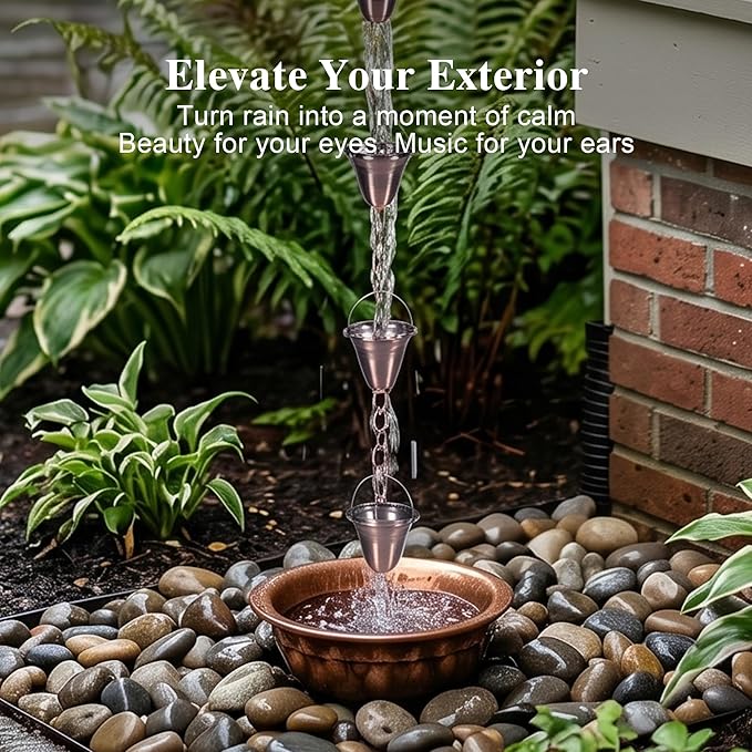 DUSVALLY Rain Chain, 8FT Bell Metal Rain Chain, Functional and Decorative Replacement for Gutter Downspouts, Divert Water and Home Display, Adjustable, Antique Gold
