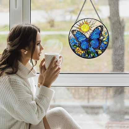 Butterfly Stained Glass Window Hanging Suncatchers, Blue Butterfly Flower Sun Catchers Indoor Window Glass Wall Art Decor, Nature Insect Floral Wall Hanging Decorations Sculptures, 7.9x7.9in