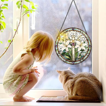 Bimkole Lily Stained Glass Suncatcher Window Hanging - Cross Indoor Window or Doorway Decoration - Handmade Sun Catcher Decor for Garden Home Christmas & Birthday Gifts 7.87x7.87 inch