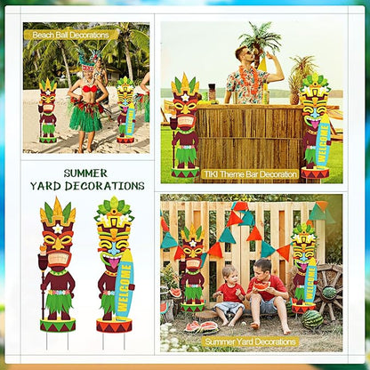 Queekay 2 Pcs Tiki Yard Sign Luau Hawaiian Tropical Party Decoration Outdoor Tiki Bar Sign with Stakes for Summer(Novelty Style)