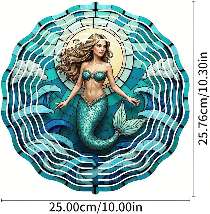 Wind Spinner Outdoor 10 Inch Mermaid Amidst Ocean Waves for Yard and Garden 3D Stainless Steel Wind Sculpture Unique Gift Hanging Spinner Ornament Decoration