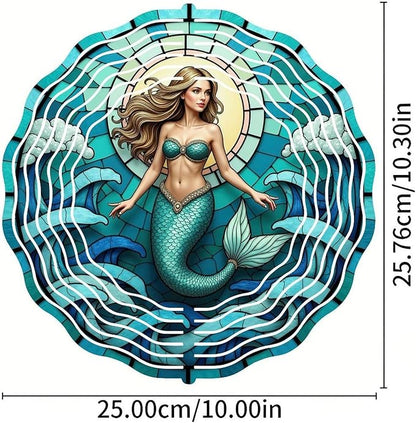 Wind Spinner Outdoor 10 Inch Mermaid Amidst Ocean Waves for Yard and Garden 3D Stainless Steel Wind Sculpture Unique Gift Hanging Spinner Ornament Decoration