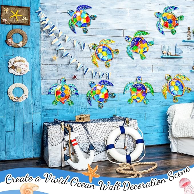 FaloStwer Metal Beach Wall Decor Art, 3D Colorful Sea Turtle Fish Crab and Seahorse Outdoor Sculptures, Ocean Themed Outside Decor for Patio Pool Bathroom Yard Farmhouse Fence Deck (Sea Turtle)