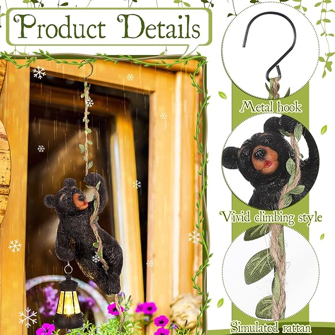 Rossesay 7 Inches Bear Statue Tree Hugger with Solar Light Resin Bear Statue Sign with LED Lantern Waterproof Hanging Figurine with Hook for Christmas Tree Decoration Outdoor Yard Garden(Black)