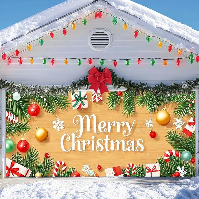 IVN Christmas Garage Door Cover Decoration 13x6ft Wood Texture Pine Garlands Gifts Candy Canes Merry Christmas Winter Garage Door Banner Home Door Front Yard Decor for Xmas Eve Holiday Outdoor