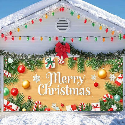 IVN Christmas Garage Door Cover Decoration 13x6ft Wood Texture Pine Garlands Gifts Candy Canes Merry Christmas Winter Garage Door Banner Home Door Front Yard Decor for Xmas Eve Holiday Outdoor