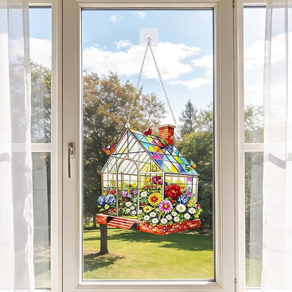 Stained Glass Suncatcher Window Hanging, Marzovitra 10 Inch Greenhouse Garden with Flowers Butterflies, Colorful Floral Real Glass Panel for Home Sunroom Patio Porch Indoor Outdoor Decor Gift Idea