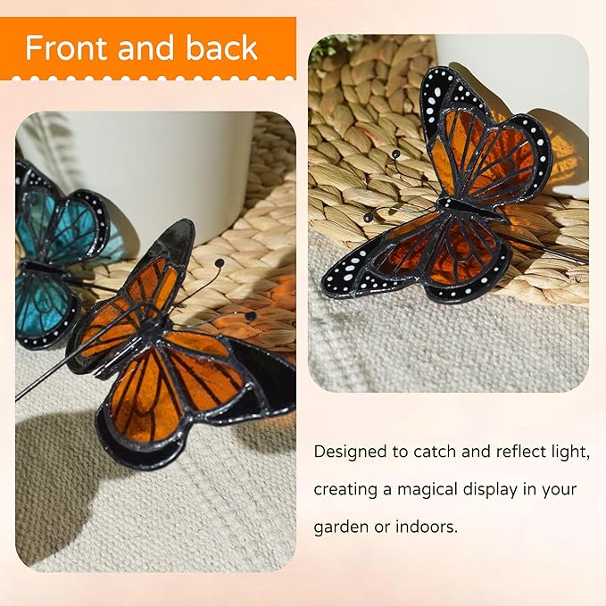Lolitarcrafts Stained Glass Butterfly Suncatcher-Monarch or Luna Moth Design for Indoor and Outdoor Plant Decoration,Colorful Glass Plant Pot Ornament, Plant Lovers Gifts (Orange Monarch)