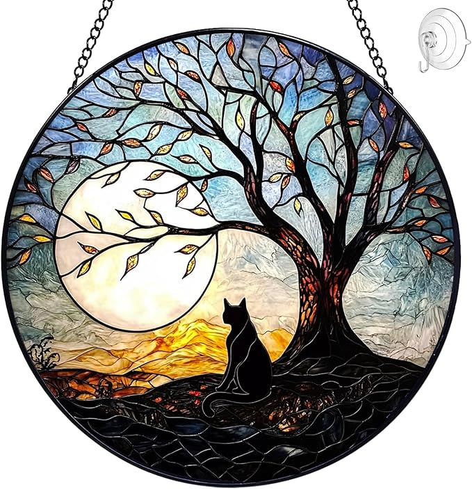 Black Cat Suncatcher Stained Glass Window Hanging - 8” Handmade Cat Suncatchers for Windows Hanging - Cat On a Tree Sun Catchers Wall Decor Glass Panel - Mothers Day Birthday Gifts for Mom Grandma