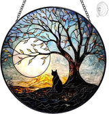 Black Cat Suncatcher Stained Glass Window Hanging - 8” Handmade Cat Suncatchers for Windows Hanging - Cat On a Tree Sun Catchers Wall Decor Glass Panel - Mothers Day Birthday Gifts for Mom Grandma