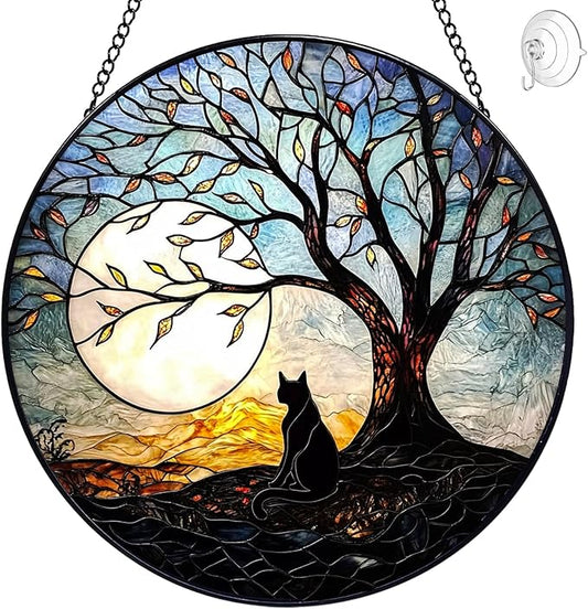 Black Cat Suncatcher Stained Glass Window Hanging - 8” Handmade Cat Suncatchers for Windows Hanging - Cat On a Tree Sun Catchers Wall Decor Glass Panel - Mothers Day Birthday Gifts for Mom Grandma