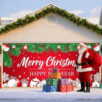 IVN Christmas Garage Door Cover Decoration 13x6ft Red Background Pine Needles White Baubles Snowflakes Merry Christmas Winter Garage Door Banner Home Door Front Yard Decor for Xmas Eve Holiday Outdoor