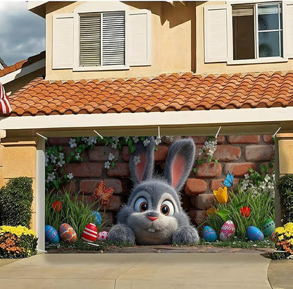 Easter Garage Door Banner Cover, Easter Bunny Colorful Eggs Spring Party Backdrop Decor, Garage Door Cover For Outdoor Yard Holiday Decoration (Cute Bunny)