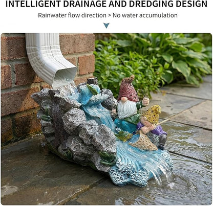 Gnome Statue Splash Block Gutter Downspout Extensions Garden Decor, Decorative of Gutters Downspout Rain Concrete Pond Splash Block, Elf Bro Downspout Statues with Waterwheel Accessory, 11.6"L x 6.9"W