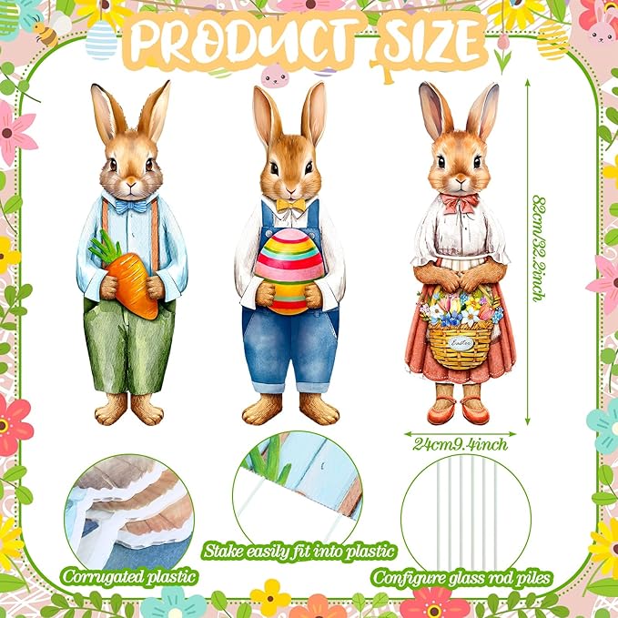 Umigy 3 Pcs Easter Yard Decor Elegant Easter Sign with Stakes 32 x 10 Inch Bunny Holding Carrots Eggs Baskets Lawn Decor Cute Yard Decoraitons for Home Pathway Walkway