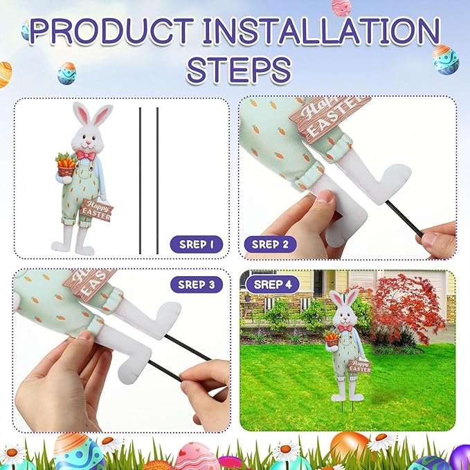 DoubleFill 3 Pcs Easter Decorations Outdoor 3D Metal Easter Eggs Tulip Yard Signs Decorative Garden Stakes Eggs Bunny Gnome Lawn Decorations Yard Decor for Spring Lawn Pathway Garden (Bunny Style)
