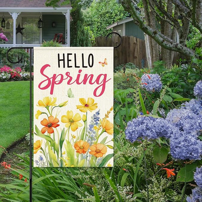 Hello Spring Garden Flag for Outside,Yellow Floral Garden Flag,Spring Flowers Yard Lawn Porch Flags for Outdoor Decorations 12x18 Inch Double Sided