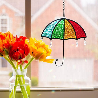 BOXCASA Umbrella Decor Suncatchers for Windows,Stained Glass Suncatchers Crystals Rainbow Umbrella,Stained Glass Window Crystal Beads Decor for Home,Living Room Bedroom Kitchen