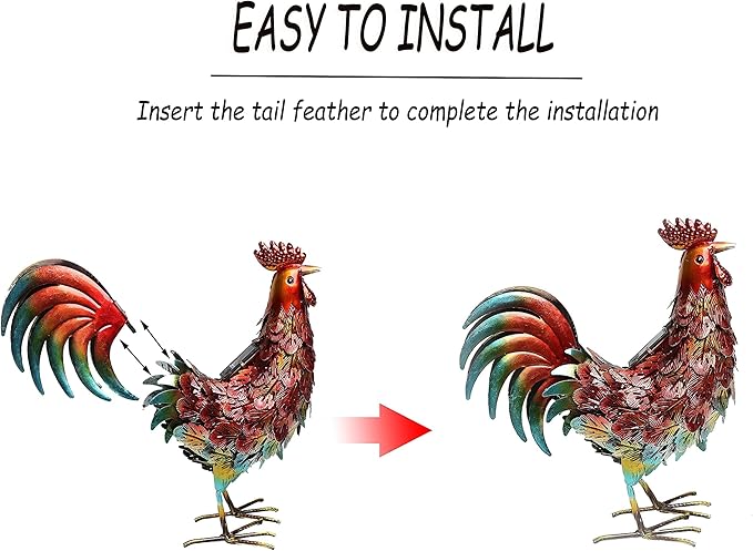 Kircust Solar Metal Rooster Animal Lights Garden Sculptures Art Decor, Outdoor LED Light Color Chicken Statue for Farm Patio Lawn Back Yard Home Decorations,13.98" WX5.9 DX16.74 H