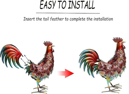 Kircust Solar Metal Rooster Animal Lights Garden Sculptures Art Decor, Outdoor LED Light Color Chicken Statue for Farm Patio Lawn Back Yard Home Decorations,13.98" WX5.9 DX16.74 H
