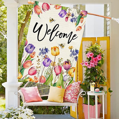 Baccessor Spring Summer Easter Tulip Welcome House Flag Double Sided Bee Colorful Floral Burlap Yard House Seasonal Farmhouse Outside Outdoor Decoration 28 x 40 Inch（large）