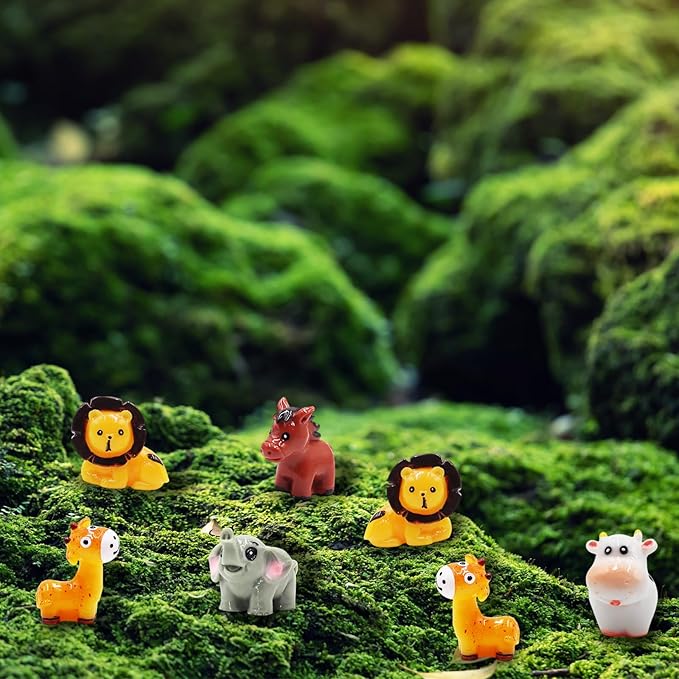 50 Pcs Miniature Resin Animal Figurines Set (1.2") - Elephant, Lion, Giraffe, Horse, Cow for Fairy Garden, Terrarium, DIY Crafts & Miniature World