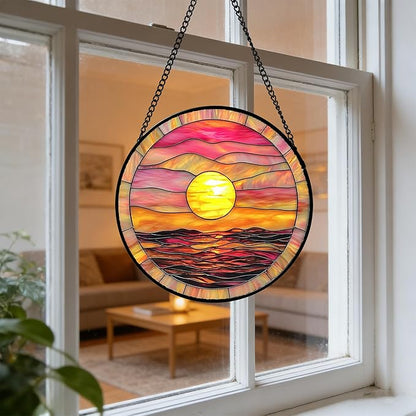 DASTOLL Stained Glass Window Hanging, Sunrise Sea Surface Sun Catchers Diamond Glass Panel Hangings Abstract Suncatcher Decor for Birthday for Women, Men, Wife, Aunt, and Mom 7.8 in