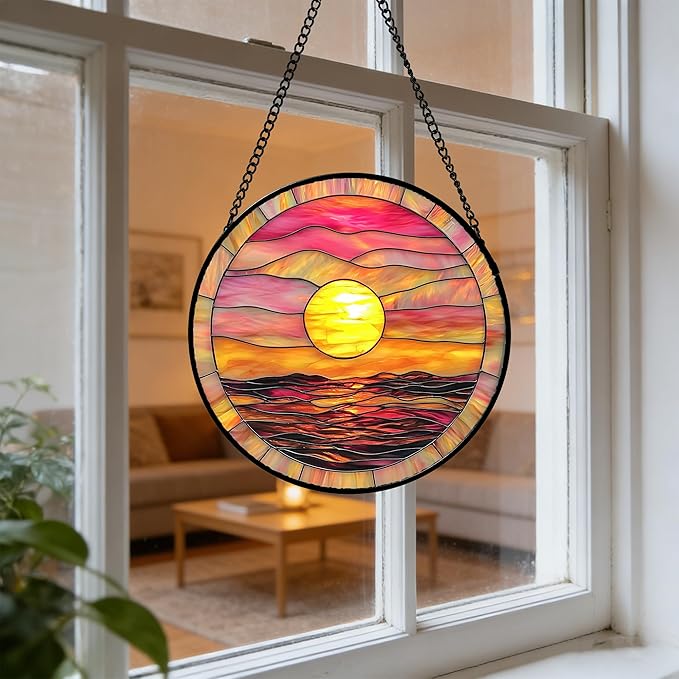 DASTOLL Stained Glass Window Hanging, Sunrise Sea Surface Sun Catchers Diamond Glass Panel Hangings Abstract Suncatcher Decor for Birthday for Women, Men, Wife, Aunt, and Mom 6.3 in