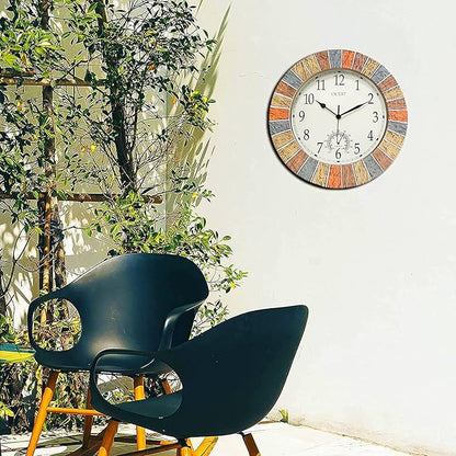 OCEST 13 Inch Indoor Outdoor Clock Waterproof with Thermometer, Weather-Resistant Non-Ticking Battery Operated Decor Clock for Patio, Pool, Lanai, Fence, Porch, Garden (Yellow)