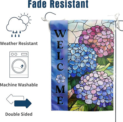 Hydrangea Spring Summer Garden Flag for Outside Stained Glass Flower Yard Decor 12x18 Double Sided Blue Floral Welcome Outdoor Banner