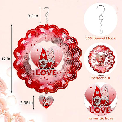 Gnome Wind Spinners Hanging Valentine's Day Gifts for Lover,12 inch 3D Metal Valentine Gnome Gifts Outdoor Decor for Yard and Garden,Valentine’s Day Decoration for Romantic Home
