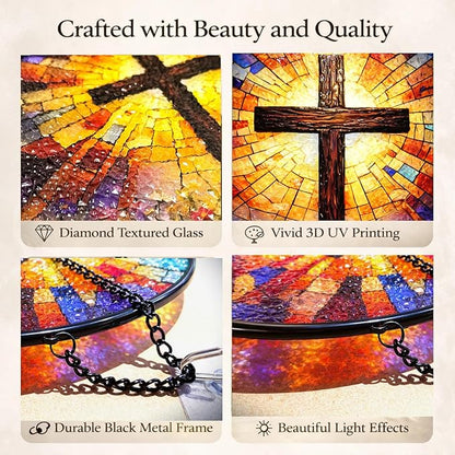 Christian Cross Suncatcher Window Hanging, 7.87" Stained Glass Mother’s Day Faith Gift for Mom Grandma, Radiant Cross Religious Decor for Window Prayer Room Sunroom Office
