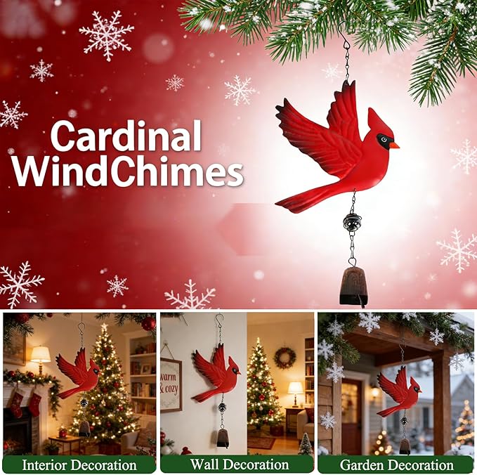 Tinsow Cardinal Bird Wind Chime Christmas Hanging Decorations Bell Outdoor Wind Chime Outdoor Decoration for Patio, Deck, Yard, Garden (Red-Flaping)
