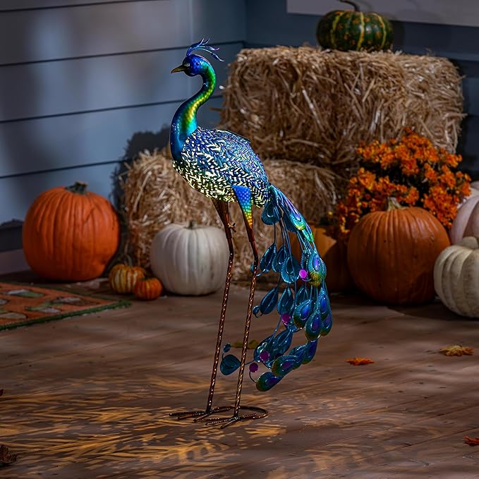 Evergreen Garden 33" Outdoor Solar Peacock Statue | Metal Peacock Decor LED Solar Lights | Garden Stake Lights | Patio Yard Garden Lawn Party Wedding Decoration