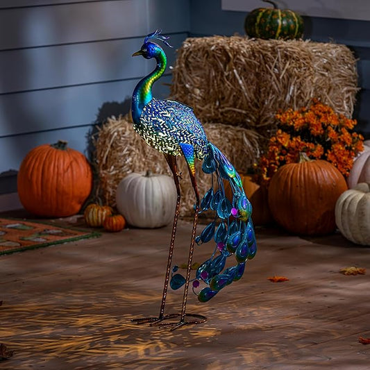 Evergreen Garden 33" Outdoor Solar Peacock Statue | Metal Peacock Decor LED Solar Lights | Garden Stake Lights | Patio Yard Garden Lawn Party Wedding Decoration