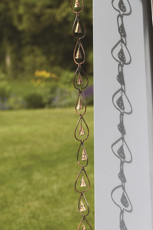 Ancient Graffiti Flamed Copper Aspen with Rain Drop Bells Hanging Chain, 3" x 96" x 3"