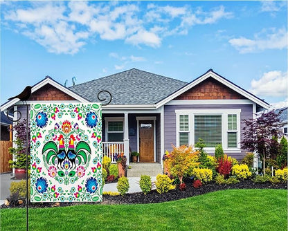 Mugod Rooster Garden Flag 12.5X18 Vertical Double Sided, Polish Floral Folk Art Colorful Flowers Leaves Yard Flag Burlap Banners for Seasonal Farmhouse Outside Decor