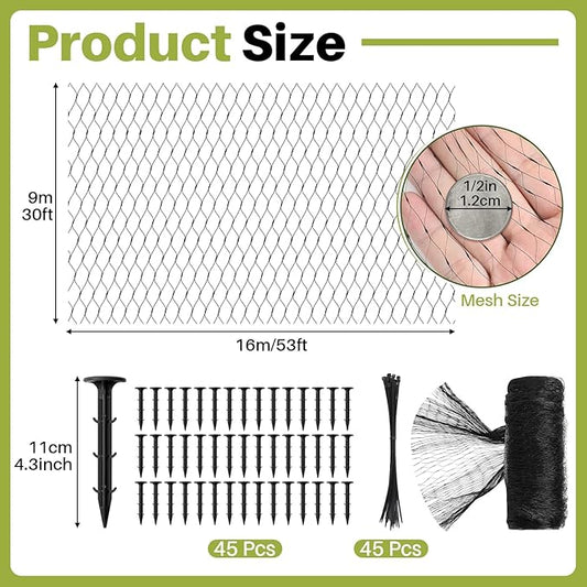 Koi Pond Netting Kit 30 x 53ft, Bird Deer Fence Netting, Durable Net Cover for Leaves, Heavy Duty Fine Mesh, Protect Fish from Blue Heron Birds, Cats & Predators, 45pcs Stakes & Ties Included