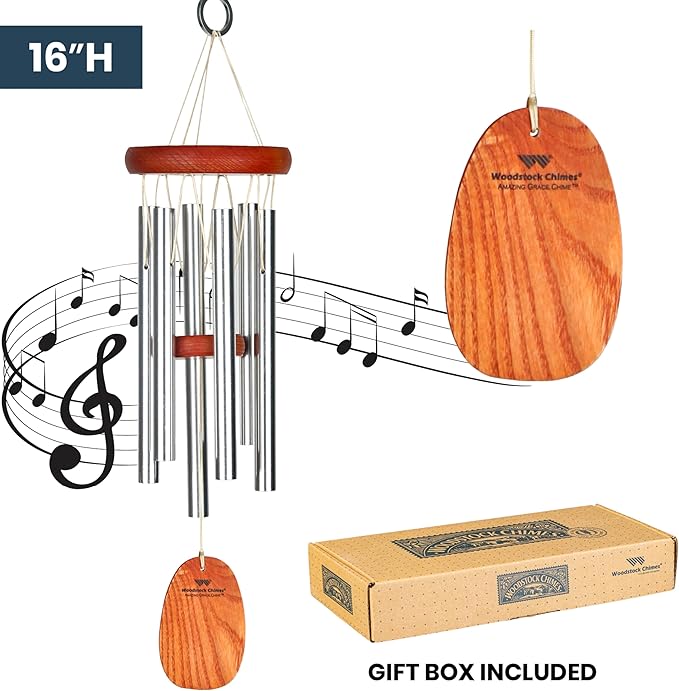 Woodstock Chimes Amazing Grace Wind Chime for Outside 16" Small Silver, Outdoor Decor for Patio, Porch, Garden, Memorial Gift for Loved Ones AGSS