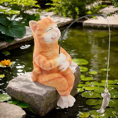 9.5“ Cat Fishing Garden Sculptures & Statues, Stone Look Fishing, Whimsical Lawn Yard Art, Funny Garden Pond Fisherman, Resin Animal Decor, Cat Lover Ornament, Cute Outdoor Statue