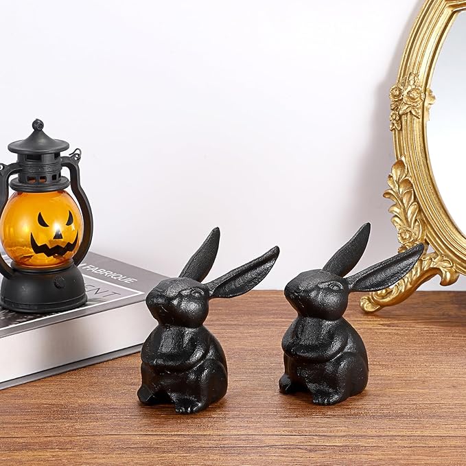 OwnMy 2 Cast Iron Bunny Figurines Outdoor Rabbit Statues for Garden Patio Home Decors, 3.7" Hollow Carved Cute Bunny Statue Vintage Long-Eared Rabbit Ornaments Paperweights for Office Table Decors