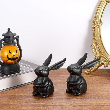 OwnMy 2 Cast Iron Bunny Figurines Outdoor Rabbit Statues for Garden Patio Home Decors, 3.7" Hollow Carved Cute Bunny Statue Vintage Long-Eared Rabbit Ornaments Paperweights for Office Table Decors