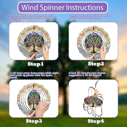 Tree of Life Wind Spinner 3D Stainless Steel Hanging Wind Spinners 10 Inch Stained Glass Style Multi-Color Kinetic Decor for Indoor and Outdoor Spaces Christmas