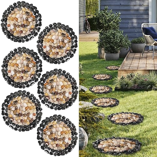 Garden Stepping Stones Outdoor,Pebble Stepping Stones for Garden Walkway,Decoration Polished River Rock for Yard, Pathway,Landscaping, 12 inch Round Decorative Stone Sheet Set 6pcs
